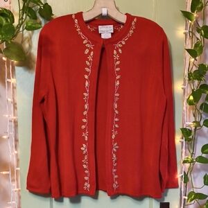Women's Designers Originals Christmas Red Gold Embroidered Cardigan Sweater M